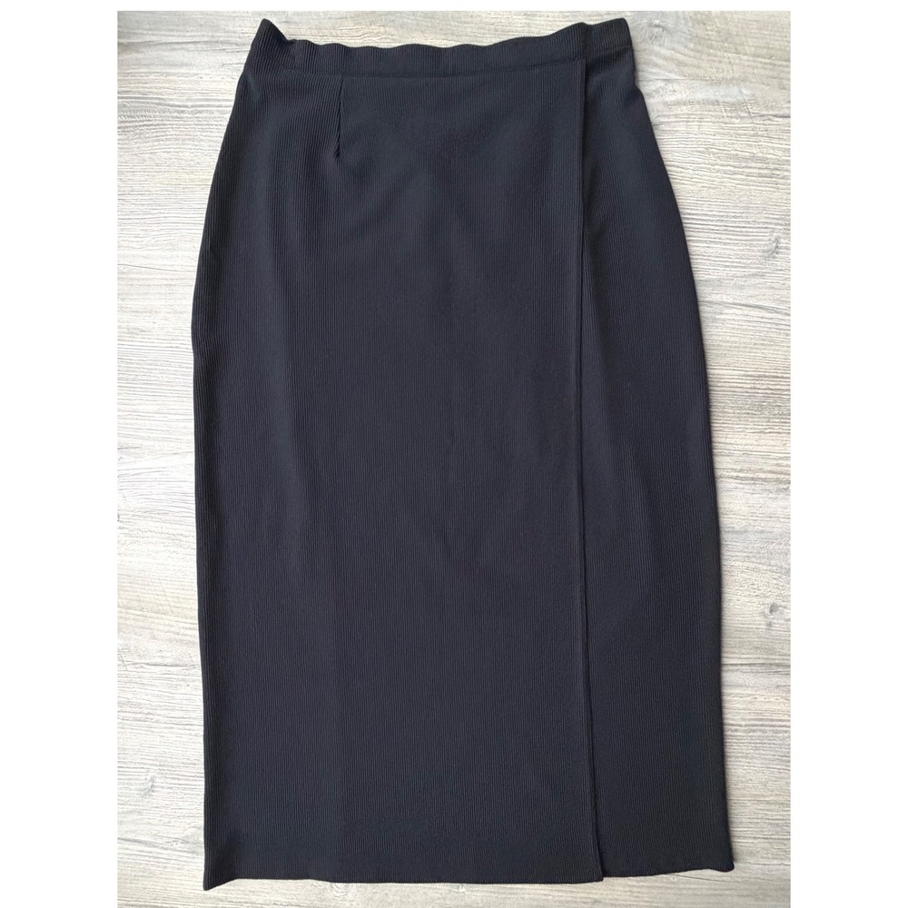 Lands End Black Ribbed Knit Wrap Front Midi Skirt Large 14-16 Academia Minimal